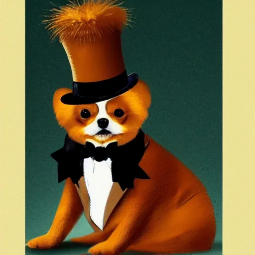 Image similar to a tan pomeranian wearing a top - hat and monocle and sitting on large pile of featureless gold coins