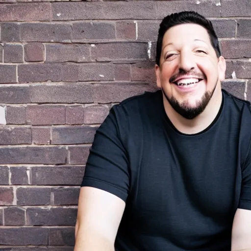 Prompt: sal vulcano with a black shirt on sitting in front of a brick wall