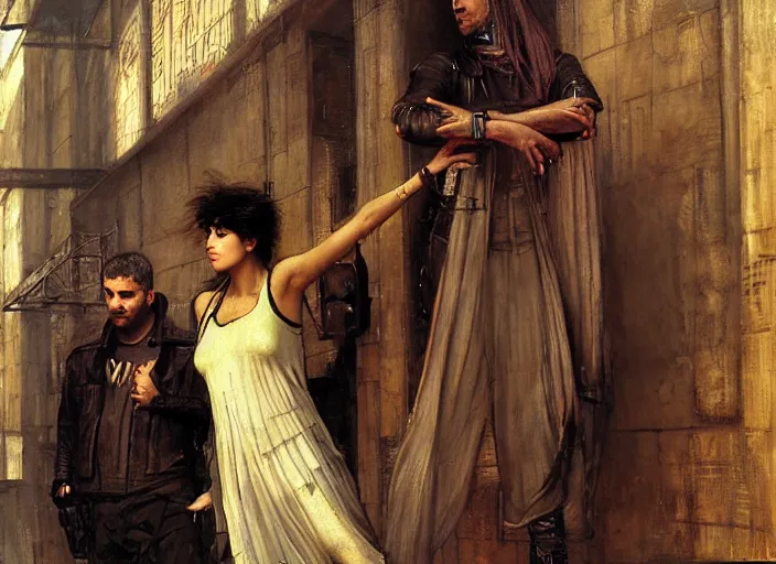 Image similar to Maria evades security guards. Cyberpunk hacker escaping Menacing Cyberpunk corporate security. (dystopian, police state, Cyberpunk 2077, bladerunner 2049). Iranian orientalist portrait by john william waterhouse and Edwin Longsden Long and Theodore Ralli and Nasreddine Dinet, oil on canvas. Cinematic, vivid colors, hyper realism, realistic proportions, dramatic lighting, high detail 4k