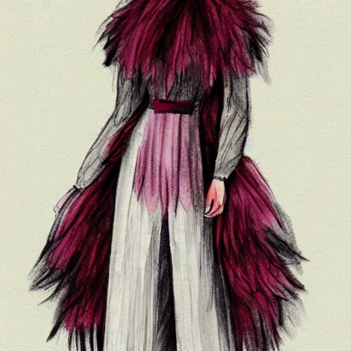 Prompt: a light feminine dress made of feathers and burgundy fur, fashion sketch