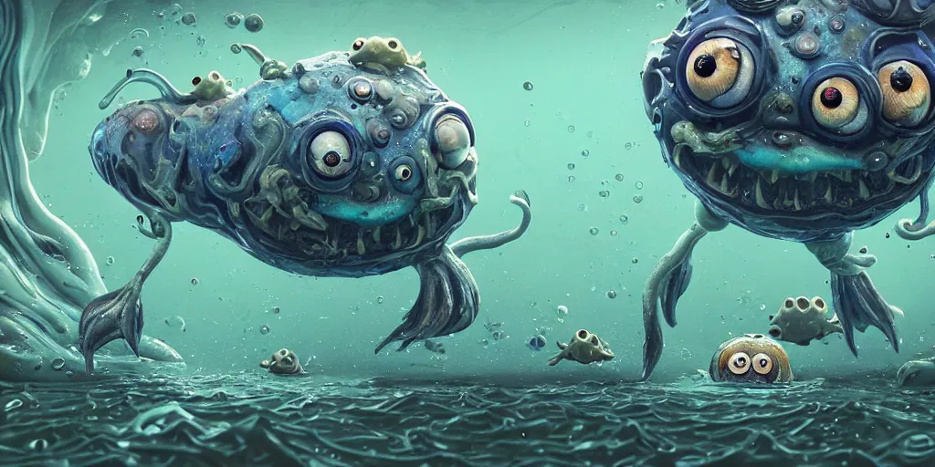 Prompt: of an intricate murky seabed with strange cute friendly marine creatures with huge eyes, long tongue, round teeth and funny face appearing from the water, in the style of craola, macro lens, shallow depth of field, highly detailed, digital painting, trending artstation, concept art, illustration, cinematic lighting, vibrant colors, photorealism, epic, octane render