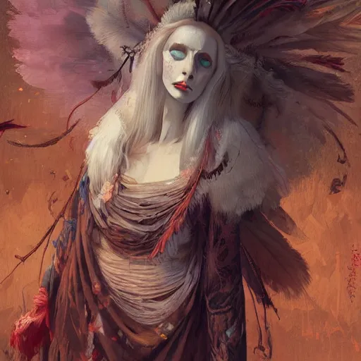 Prompt: painting of a pale witch dressed with feathers, illustration, artistic, colorful, hyper detailed, in the style of Greg Rutkowski,