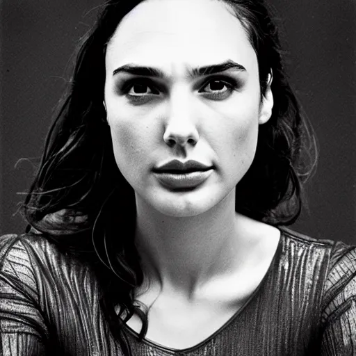 Image similar to photo of Gal Gadot by Diane Arbus, extreme closeup, black and white, high contrast, Rolleiflex, 100mm f/4 lens