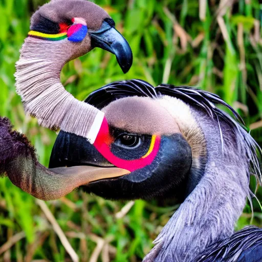 Prompt: a photo of a dodo with raimbow feathers