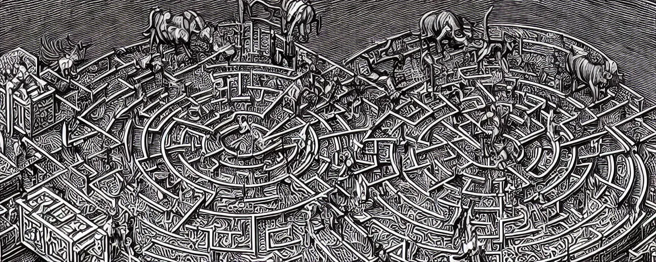 Image similar to isometric view of a highly detailed cnc mill woodcut of a hyperdimensional labyrinth maze with a steampunk minotaur in the center