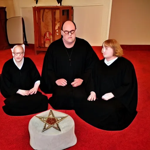 Image similar to pixar movie, a happy family in black cult robes sitting around a red pentagram on the floor performing an evil occult ritual to summon the antichrist