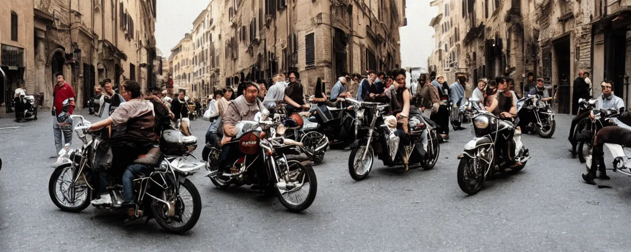 Image similar to a group of people on the streets of rome riding in a motorcycle made of spaghetti, canon 5 0 mm, cinematic lighting, photography, retro, film, kodachrome