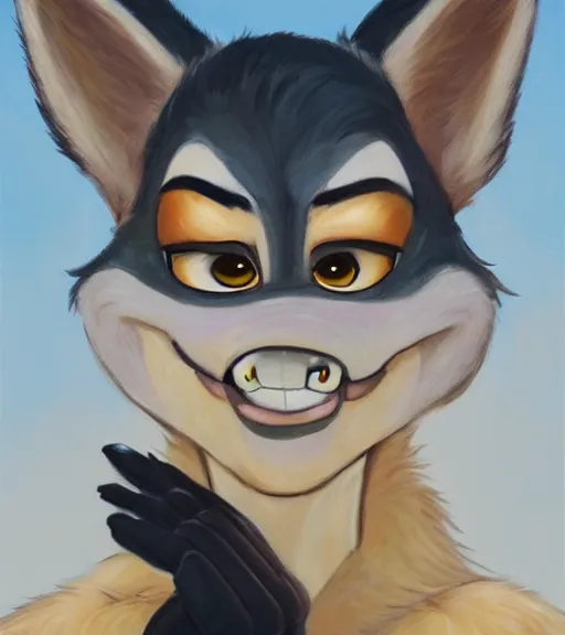 Image similar to oil painting of anthromorphic female wolf, in style of zootopia, zootopia, zootopia, fursona, furry, furaffinity, 4 k, deviantart, furry art, fursona art, wearing black business suit, business suit, in style of zootopia, wolf fursona, cyberpunk, female, expressive detailed feminine face,
