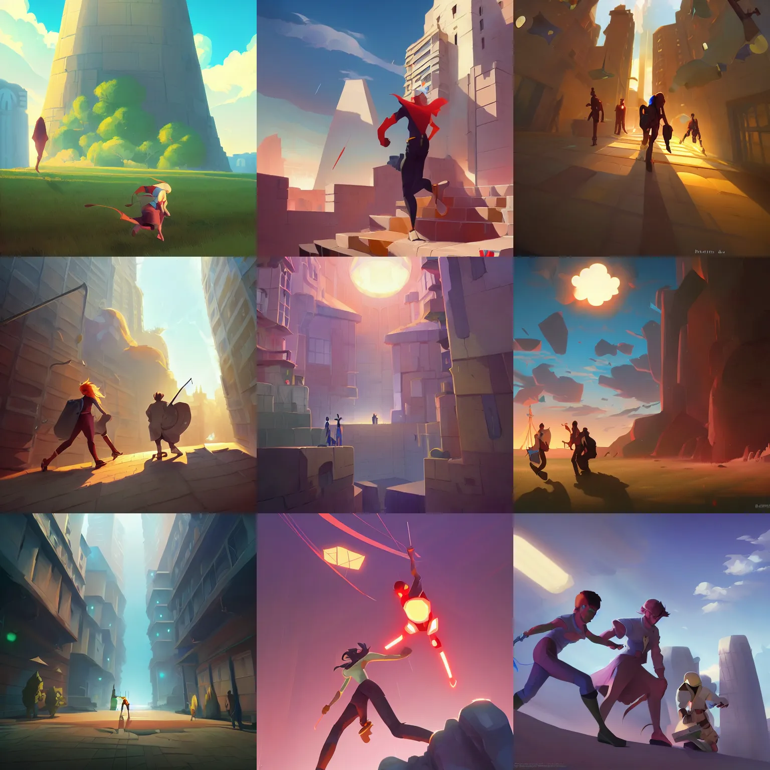 Prompt: random heroes escaping tower, by rhads, makoto shinkai and lois van baarle, ilya kuvshinov, barbbara cannepa global illumination