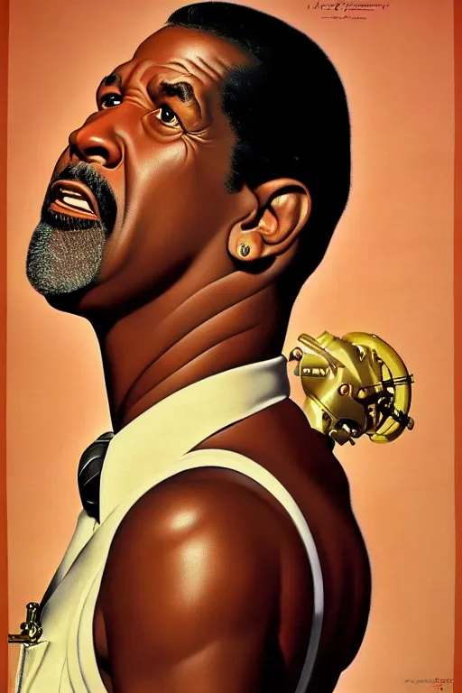 Image similar to skinny denzel washington by gil elvgren and norman rockwell and rob gonsalves and hajime sorayama, hyperrealistic, high detail, ultra detailed, highly detailed face, ruffled fabric