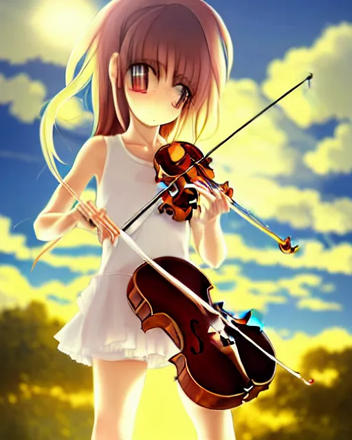Image similar to anime style, realism, chibi, full body, a cute girl with white skin and golden long wavy hair holding a violin and playing a song, heavenly, stunning, realistic light and shadow effects, happy, centered, landscape shot, happy, simple background, studio ghibly makoto shinkai yuji yamaguchi