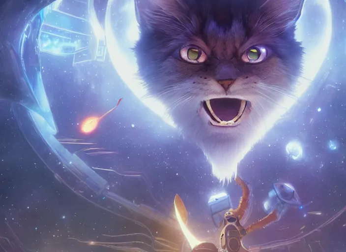 Image similar to a space cat staring role in a musical sci - fi space opera ghibli animated film, volumetric lighting, octane render by stanley artgerm lau, greg rutkowski, thomas kindkade, alphonse mucha, loish, norman rockwel,