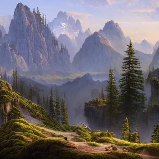 Prompt: a beautiful and highly detailed matte painting of an epic lush mountain range stretching into the distance, fir trees, intricate details, epic scale, insanely complex, 8 k, sharp focus, hyperrealism, very realistic, by caspar friedrich, greg rutowski, james gurney, zeen chin,