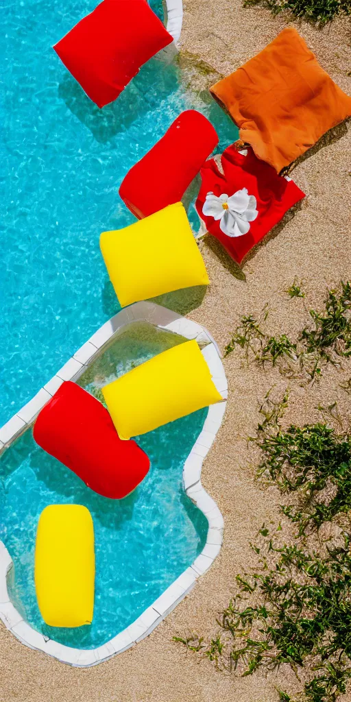 Prompt: two yellow beach beds and a red life saver next to a pool, yellowish grass and green bushy enviorment with white flowers, grainy photograph, diagonal composition, cloudy day, long shot, close up