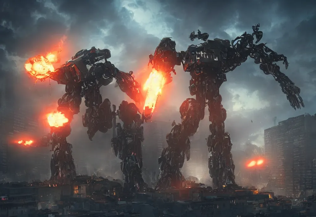 Image similar to mecha peron destroying a city, photorealistic, film, cinematic lighting, octane tender, volumetric light, dark - art