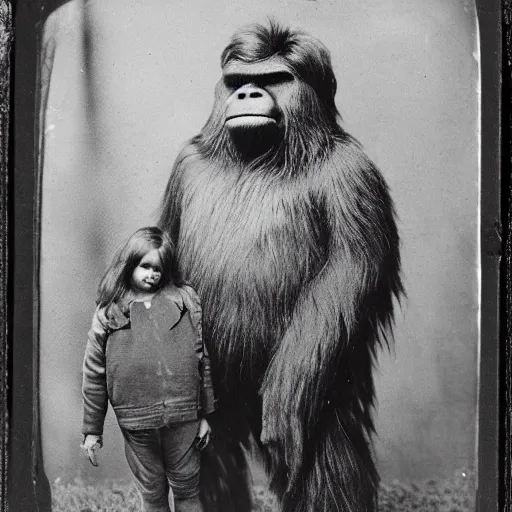 Prompt: a tintype family photo of bigfoot