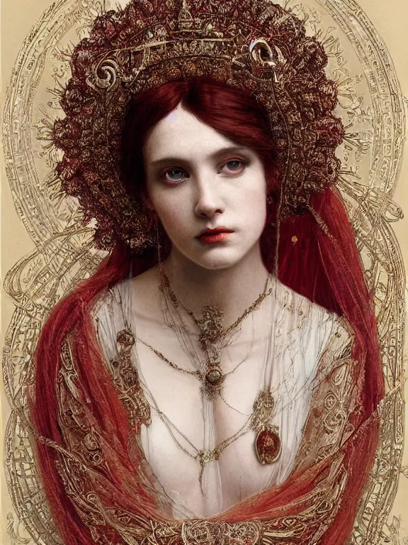Image similar to a beautiful render of a catholic veiled red queen with symmetry intricate detailed ,by Andrei Riabovitchev,Lawrence Alma-Tadema,aaron horkey,Billelis,trending on pinterest,gold,golden ratio,cinematic lighting