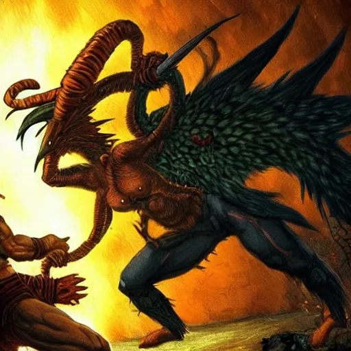 Image similar to Baphomet fistfighting a savage woman with wild spiky black Saiyan hair, dark dungeon, bloody walls, fantasy art, absurd quality