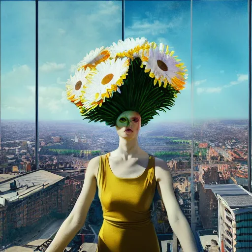 Prompt: giant daisy flower head, woman in suit, standing in modern window in luxury apartment, surreal photography, sunlight, impressionist painting, digital painting, artstation, simon stalenhag