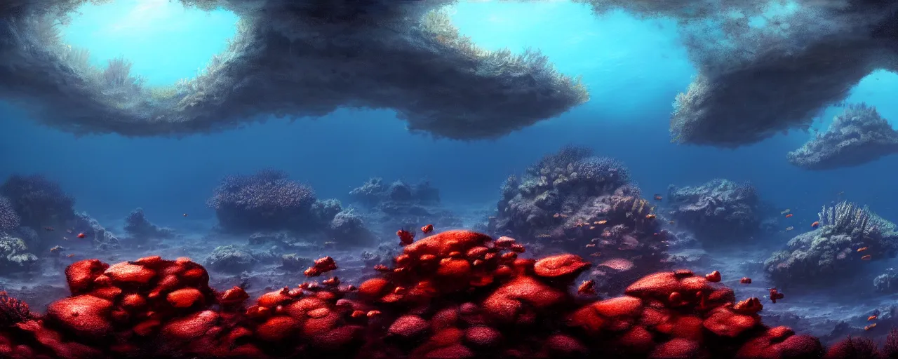 Image similar to A gorgeous detailed oil of a dark red sea covered in big blue steep rocks, a school of piranhas underwater, the further away the mistier it gets, surreal, concept art, dark aesthetic, atmospheric, moody, hyperrealism, highly detailed, masterpiece, award winning, 4k, unreal engine