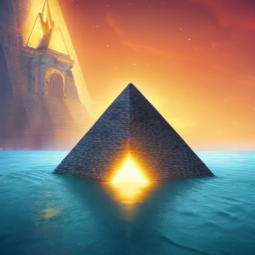 Image similar to pyramid in space or in water, a magical ancient pyramid, gold, treasure, lara croft charater, realistic illustration, pyramid surrounded with greenery, illustrations, 3 d render, illustrated, incredible details, highly detailed, photorealistic, disney pixar, octane render, iridescent, anime, 8 k