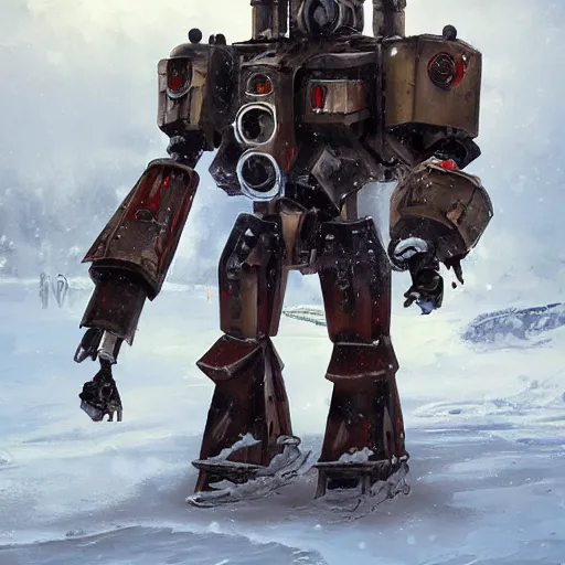 Image similar to russian walking steam mecha machine in the snow, Rozalski, trending on artstation