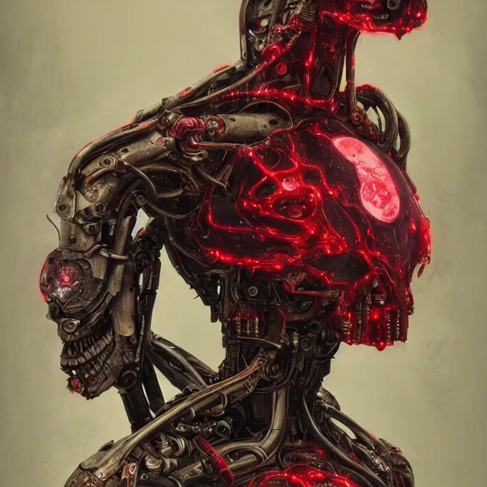 Prompt: h. r. giger esque portrait of an evil ruby ultron from age of ultron, clockwork steampunk, mangled, battle - damage, head and chest only, by beksinski, 4 k, deviantart, trending on artstation