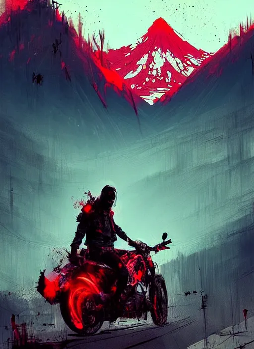 Image similar to horror art, motorbiker from hell, red volcano peaks in the background, art by ismail inceoglu