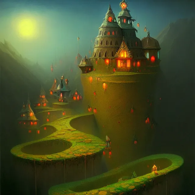 Prompt: a beautiful dark acrylic painting of a dark fantasy land by Raja Ravi Varma and Gediminas Pranckevicius, trending on ArtStation.