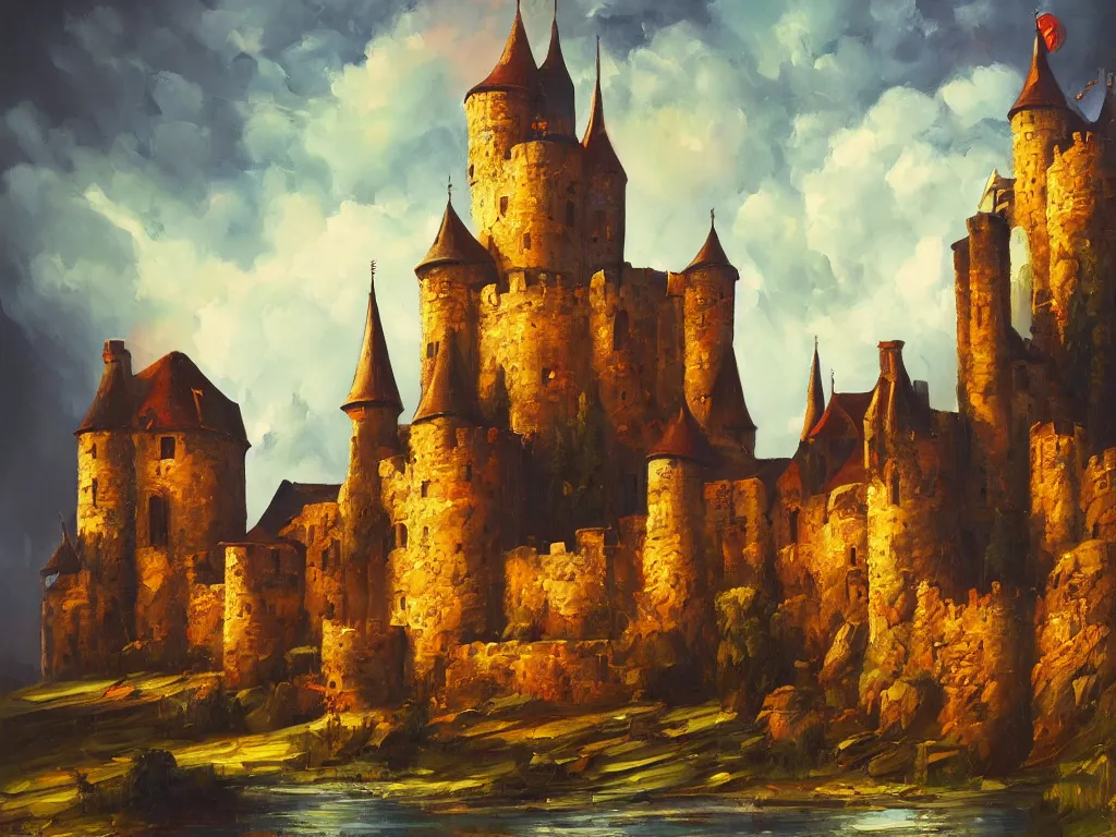 Prompt: modern stylized oil painting of medieval castle, american romanticism, bright art, cinematic dramatic lighting