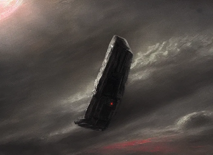 Image similar to close up still, monolith spaceship in the style of edgar alan poe, oil painting, trending on artstation, hd, 4 k, million of likes