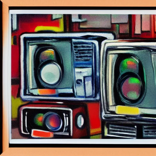 Prompt: array of crt televisions, tv static, antenna, stacked, polaroid, steroids, adult video store, impressionist painting, painting, oil painting, cell shaded, fuzz