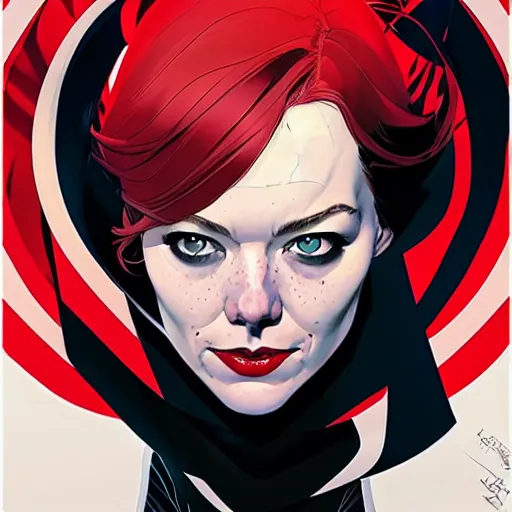 Prompt: Joshua Middleton comic cover art, Norman Rockwell, cinematics lighting, pretty Emma Stone as Spider Gwen symmetrical face, Marvel comics, hanging from white web, playful smirk, city in background