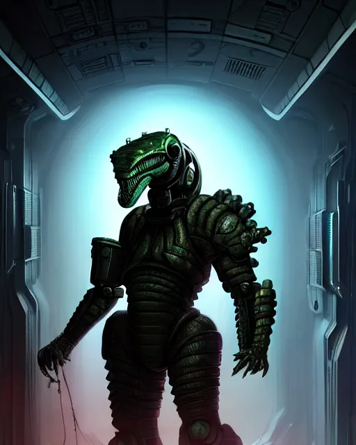 Image similar to Sci-Fi Crocodile alien, armored, big, art by Kashin, Wadim, Martinière, Stephan, holding rifle, sharp focus, pitch black cursed evil Spaceship hallway, dark light, soft purple glow, heroic pose, sci-fi artwork, octane render, dead space artwork, cyberpunk, warm light, occult, magical, volumetric lighting, 8k high definition, highly detailed, trending on art Station, centered, by Greg Rutkovski, sci-fi artwork, arnold render