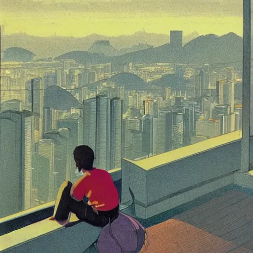 Image similar to art of two singapore students on the roof of a hdb flat, watching the skyline, by moebius