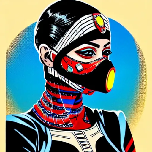 Image similar to a profile photo of a egyptian woman with a diving mask with side profile blood in ocean intricate details by MARVEL comics and Sandra Chevrier-C