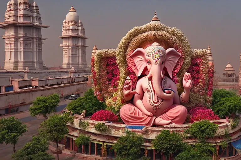 Image similar to beautiful dreamy! biomorphic new delhi, ganesha!! building, kalighat flowers, octane highly detailed cinematic, stephen shore & john j. park, soft morning light, wide shot, aerial shot, uhd 8 k, shallow depth of field