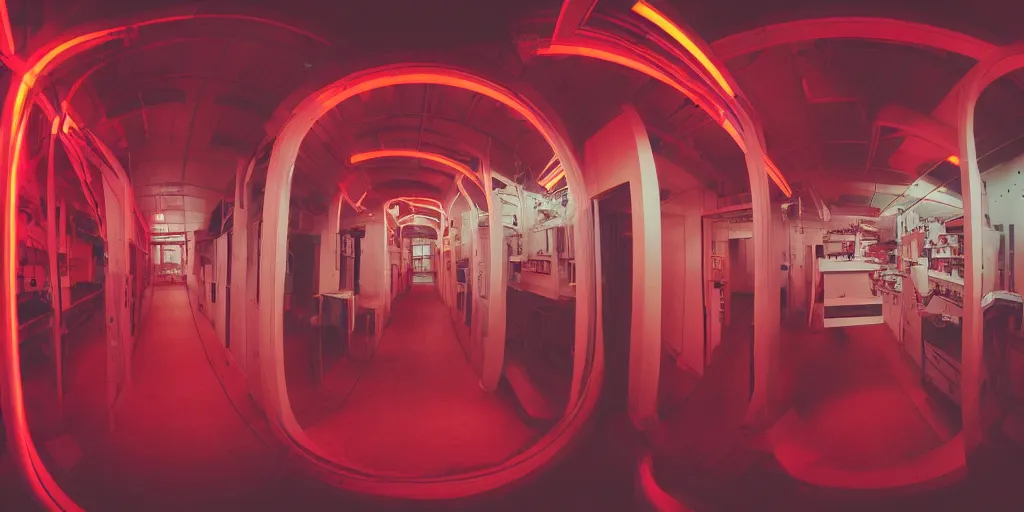 Image similar to noisy color photograph of a retrofuturist liminal space, laboratory, red lights, minimalist, cinematic, fish eye lens, soft vintage glow