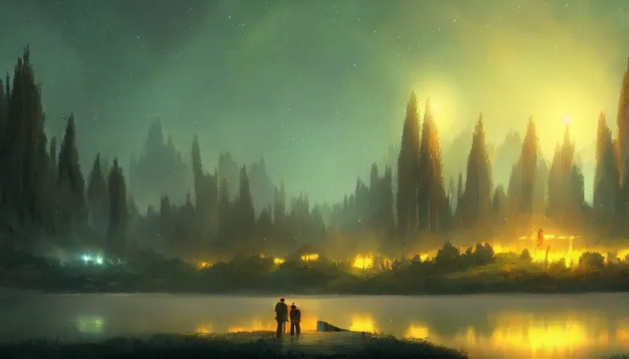 Image similar to mysterious lake area, night under the starry sky, concept art by jama jurabaev, artstation, cubo - futurism, 2 d game art, official art, concept art