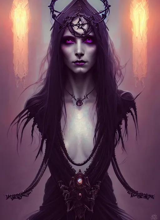 Prompt: Necromancer Sorceress goddess of death, fantasy sorceress magic, undercut hairstyle, dark light night, intricate, elegant, sharp focus, illustration, highly detailed, digital painting, concept art, matte, art by WLOP and Artgerm and Greg Rutkowski and Alphonse Mucha, masterpiece