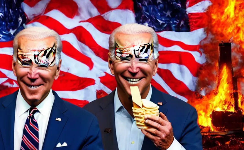 Image similar to joe biden eating an ice cream with the whitehouse in flames behind him artwork by greg rutowski and brom, 4 k, masterpiece