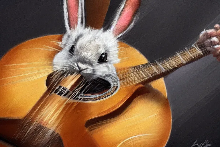 Prompt: A hyperdetailed digital oil painting of A rabbit is playing the guitar,cartoon, Trending on ArtStation and DeviantArt