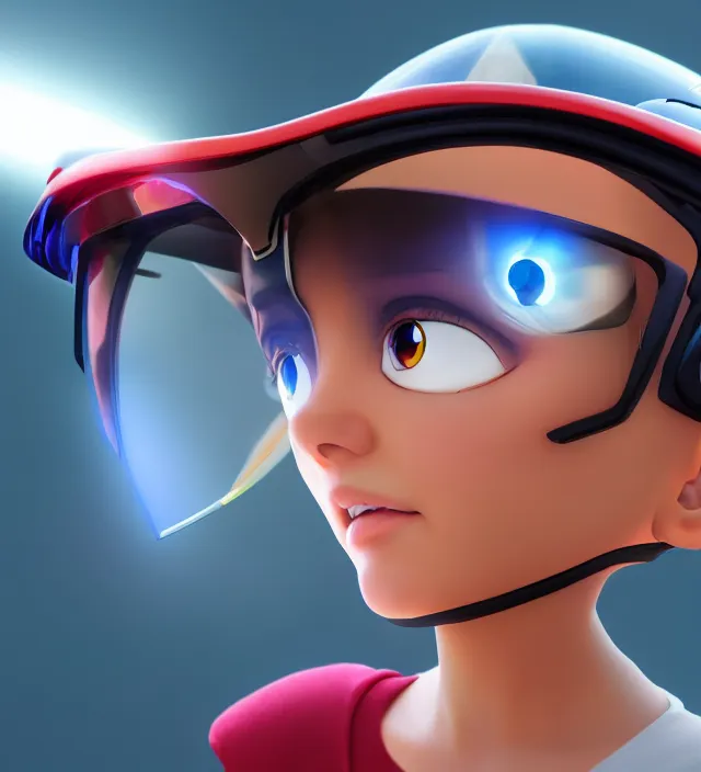 Prompt: photo rendering of a beautiful girl with visor epic photorealistic portrait in toriyama squareenix pixar astroboy tron pixel video style depth of field lens in flare leica zeiss detailed trending award winning on flickr artstation