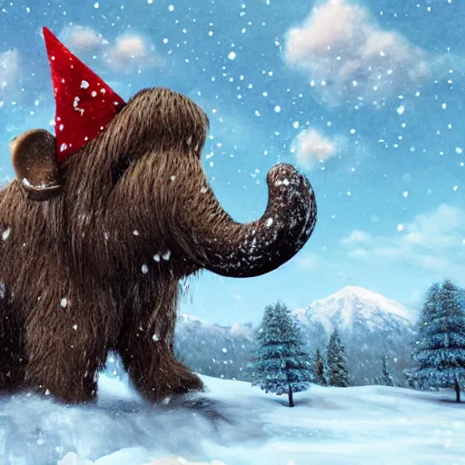 Image similar to A small gnome riding on a huge Mammoth in a snowy landscape, photorealistic