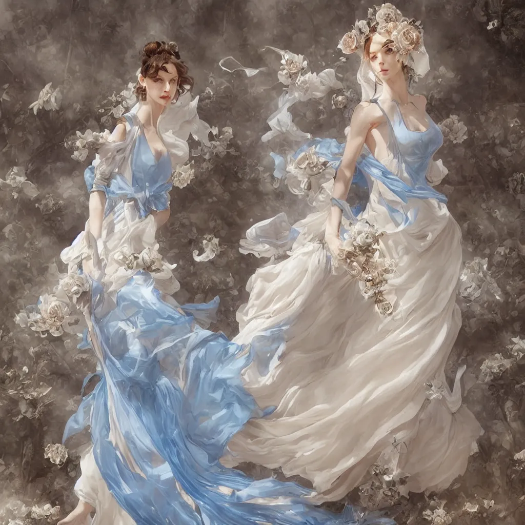 Image similar to lady dressed in a vaporous wrapped large victorian cream roses silk semi-transparent blue and cream dress fashion is running D&D, fantasy, intricate, elegant, highly detailed, digital painting, artstation, concept art, matte, sharp focus, illustration, art by Artgerm and Greg Rutkowski and Alphonse Mucha