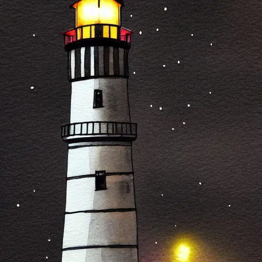 Prompt: beautiful watercolor and ink drawing of lighthouse at night artstation