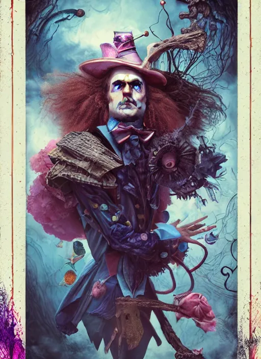 Image similar to alice in wonderland mad hatter the magician tarot card, highly detailed, cinematic, 8 k, by stanley artgermm, tom bagshaw, greg rutkowski, carne griffiths, ayami kojima, beksinski, giger, trending on deviantart, hyper detailed, horror, full of colour