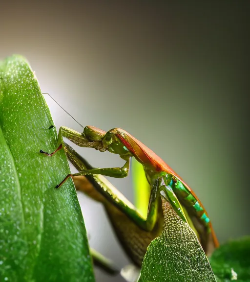 Image similar to super macro photo of a golden iridescent praying mantis on a flower in a forest. dof. bokeh. magical atmosphere. art by greg rutkowski. lifelike. very detailed 8 k. intricate. soft light. nikon d 8 5 0.