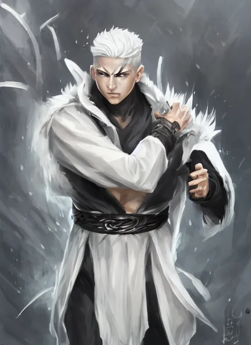 Image similar to a highly detailed illustration of white haired fierce asian man with short white hair parted down middle, wearing white kimono with black shirt, with black sclera eyes, heroically battle posing, muscular, intricate, elegant, highly detailed, centered, digital painting, artstation, concept art, smooth, sharp focus, league of legends concept art, WLOP