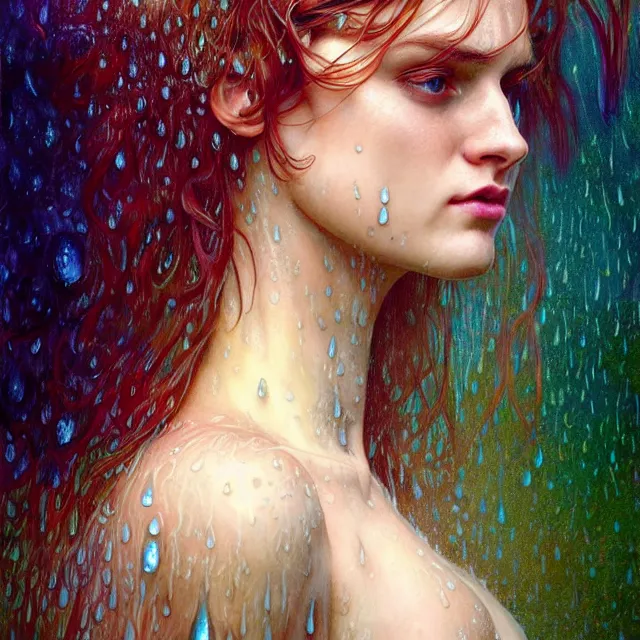 Prompt: bright portrait LSD rain on face and wet hair, diffuse overhead lighting, fantasy, intricate, elegant, dramatic lighting, highly detailed, lifelike, photorealistic, digital painting, artstation, illustration, concept art, smooth, sharp focus, art by John Collier and Albert Aublet and Krenz Cushart and Artem Demura and Alphonse Mucha